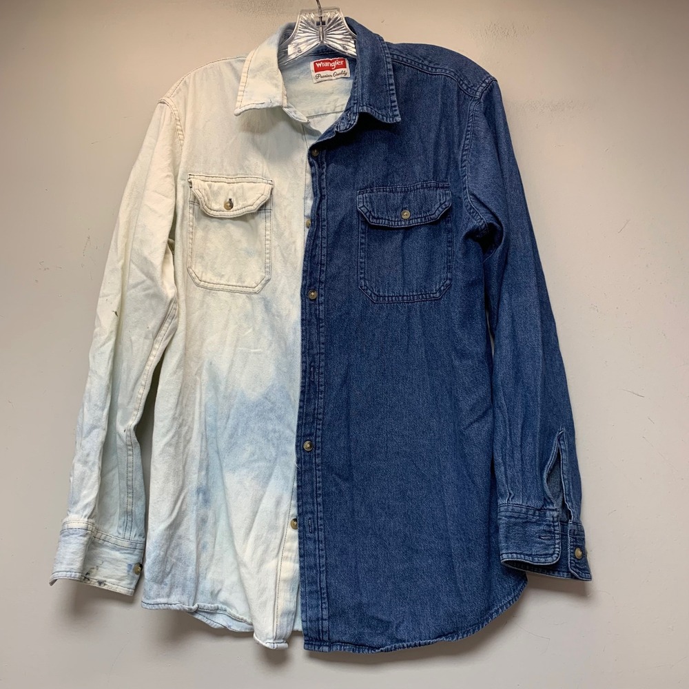 Wrangler Denim Shirt Mens‎ Size M Blue White Excellent Split Bleached Two-Tone